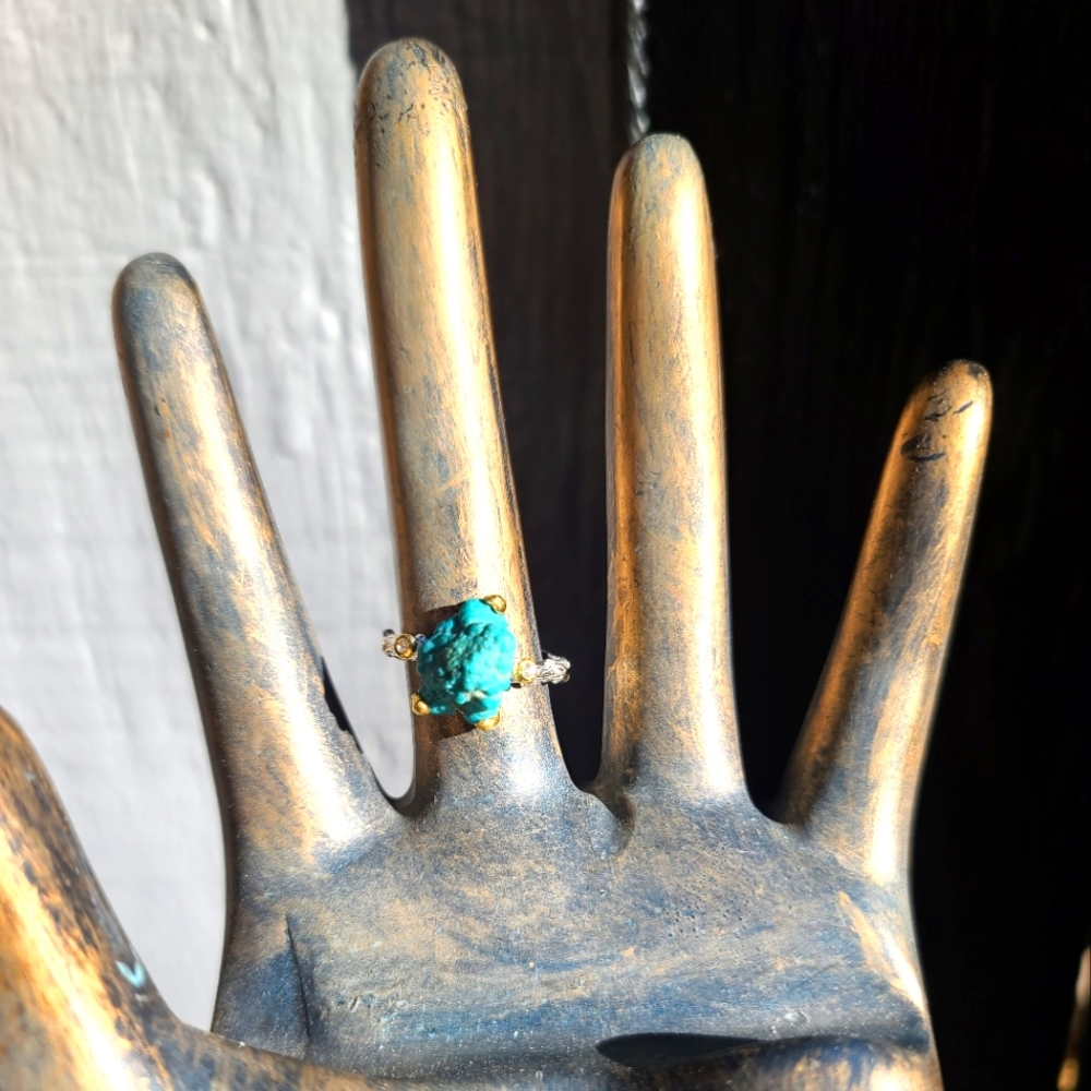 Turquoise raw nugget & topaz sterling & gold ring sz9